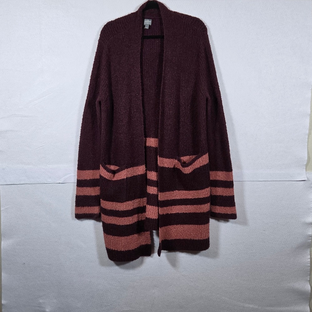 SOHO New York & Company XL Burgundy Striped Longline Open Front Cardigan